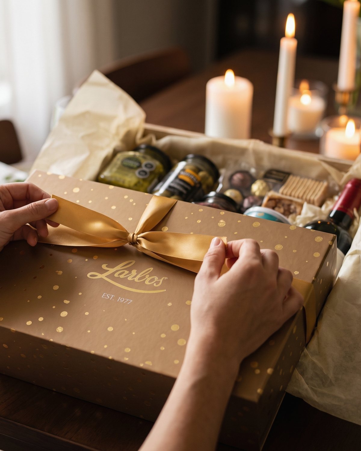 Caja abierta con miel, chocolate, sal de mar y café acomodados en papel de seda